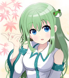 Rule 34 | 1girl, aika4472, bare shoulders, blue eyes, breasts, detached sleeves, frog hair ornament, green hair, hair ornament, highres, kochiya sanae, large breasts, leaf, long hair, looking at viewer, maple leaf, open mouth, sidelocks, solo, touhou, upper body, wide sleeves, yellow background