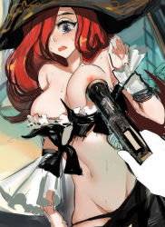Rule 34 | 1girl, bare shoulders, blue eyes, blush, breasts, cleavage, gun, gun, hair over one eye, hat, large breasts, league of legends, long hair, midriff, navel, nipples, pd (pdpdlv1), pirate hat, red hair, miss fortune (league of legends), sketch, solo, weapon