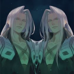 Rule 34 | 1boy, aqua eyes, armor, black jacket, chest strap, expressionless, final fantasy, final fantasy vii, grey hair, high collar, ho fan, jacket, light smile, long bangs, long hair, looking at viewer, male focus, mirror, multiple views, open cockpit, parted bangs, sephiroth, shoulder armor, sketch, upper body