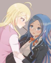 Rule 34 | 2girls, absurdres, akamatsu kaede, black jacket, black skirt, blonde hair, blue hair, bow, bowtie, breasts, brown bow, brown bowtie, commentary request, danganronpa (series), danganronpa v3: killing harmony, dress shirt, eye contact, food, fortissimo, glasses, grey background, hair ornament, highres, jacket, large breasts, long hair, long sleeves, looking at another, multiple girls, musical note, musical note hair ornament, open clothes, open jacket, parted bangs, pink vest, pleated skirt, pocky, pocky kiss, raimone (nekokirinv3), rimless eyewear, shared food, shirogane tsumugi, shirt, simple background, skirt, smile, sweatdrop, vest, white shirt