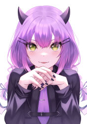 Rule 34 | 1girl, absurdres, aoi zerii, black nails, black shirt, braid, commentary, demon girl, demon horns, demon wings, fang, gendou pose, green eyes, hair ornament, hairclip, hands clasped, highres, hololive, horns, long hair, long sleeves, low twintails, nail polish, necktie, official alternate costume, official alternate hairstyle, own hands clasped, own hands together, parted lips, purple hair, purple necktie, shirt, tokoyami towa, twin braids, twintails, virtual youtuber, wings