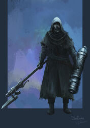 Rule 34 | 1other, ambiguous gender, artist name, bloodborne, boots, cloak, copyright name, facing viewer, full body, gloves, helm, helmet, highres, holding, holding cannon, holding polearm, holding weapon, hood, hood up, hooded cloak, multicolored background, polearm, tripdancer, weapon