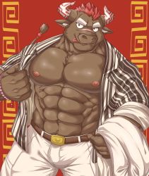 Rule 34 | 1boy, :p, abs, bara, bare pectorals, brown fur, bulge, cow horns, cowboy shot, facial hair, furry, furry male, goatee, gyumao (housamo), highres, horns, large pectorals, male focus, minotaur, mohawk, muscular, muscular male, navel, navel hair, nipples, open clothes, open shirt, pants, pectorals, red hair, short hair, solo, stomach, thick thighs, thighs, tokyo houkago summoners, tongue, tongue out, white pants, yuki (m0000rgn)
