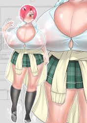 Rule 34 | 1girl, absurdres, breasts, cleavage, clothes around waist, female focus, gigantic breasts, gyaru, highres, horns, huge breasts, ignis (last origin), jacket, jacket around waist, last origin, school uniform, shiny clothes, shiny skin, skirt, solo, stain goat, standing, thick thighs, thighs