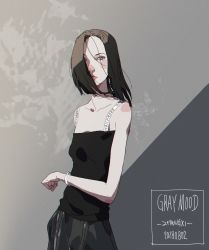 Rule 34 | 1girl, arm across waist, artist name, asymmetrical hair, black hair, black shirt, black skirt, breasts, closed mouth, commentary, dated, english commentary, english text, forehead, grey eyes, highres, looking at viewer, original, shirt, short hair, skirt, small breasts, solo, xi zhang