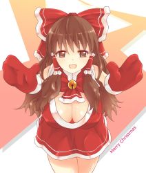 Rule 34 | 1girl, alternate costume, bad id, bad pixiv id, bow, breasts, brown eyes, brown hair, christmas, cleavage, gloves, hair bow, hair tubes, hakurei reimu, highres, large breasts, long hair, looking at viewer, merry christmas, mittens, open mouth, red gloves, red mittens, santa costume, solo, touhou, x&amp;x&amp;x