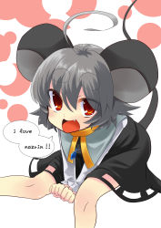 Rule 34 | 1girl, ahoge, animal ears, eyebrows, fang, female focus, grey hair, highres, jewelry, mouse ears, mouse tail, nazrin, orange eyes, pendant, short hair, solo, tail, touhou, usa-pom