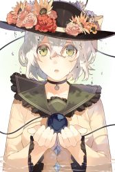 Rule 34 | 1girl, bow, breasts, cats brain, choker, eyeball, female focus, flower, gradient background, green eyes, hair between eyes, hat, hat bow, hat ribbon, heart, heart-shaped pupils, holding, komeiji koishi, long sleeves, open mouth, partially submerged, plant, ribbon, shirt, short hair, silver hair, solo, symbol-shaped pupils, tears, third eye, touhou, upper body, water, water drop, white background, wide sleeves