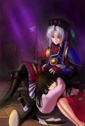 Rule 34 | 2girls, alternate costume, armor, arrow (projectile), bare legs, barefoot, black legwear, boots, bow (weapon), braid, brown hair, chinese hat, crying, crying with eyes open, closed eyes, facing away, fetal position, frown, hand on another&#039;s head, heterochromia, houraisan kaguya, knee boots, knee up, koissa, light particles, lying on person, moonbeam, moonlight, multiple girls, pantyhose, red eyes, scar, scimitar, short hair, grey eyes, silver hair, single braid, sitting, streaming tears, sword, tears, tile floor, tiles, touhou, weapon, yagokoro eirin
