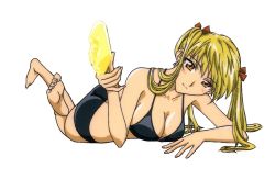 Rule 34 | 00s, 1girl, bikini, black bikini, blonde hair, blush, breasts, brown eyes, cleavage, food, large breasts, long hair, looking at viewer, lying, on stomach, popsicle, sawachika eri, school rumble, simple background, solo, swimsuit, third-party edit, twintails, white background, yellow eyes