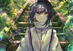 Rule 34 | 1other, amulet, androgynous, black hair, braid, braided ponytail, closed mouth, commentary, fate/samurai remnant, fate (series), floating hair, hair between eyes, hair intakes, highres, japanese clothes, jewelry, kaze minoru so-ru, long hair, looking at viewer, yamato takeru (fate), shirt, sidelocks, solo, stairs, very long hair, white shirt