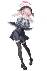 Rule 34 | 1girl, absurdres, alternate costume, belt, black belt, black beret, black footwear, black skirt, black thighhighs, black wings, blue archive, blush, commentary request, feathered wings, full body, grey shirt, halo, hands up, head wings, highres, koharu (blue archive), kuza brs, long hair, long sleeves, looking at viewer, mini wings, pink eyes, pink hair, pink halo, shirt, simple background, skirt, solo, standing, thighhighs, twintails, white background, wings