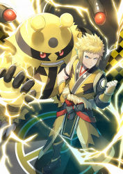 Rule 34 | 1boy, blonde hair, blue eyes, clenched hand, closed mouth, coat, commentary request, creatures (company), electivire, electricity, fur (clothing), game freak, gen 4 pokemon, hand up, male focus, nintendo, official alternate costume, pokemon, pokemon (creature), pokemon masters ex, short hair, smile, spiked hair, standing, volkner (new year&#039;s 2022) (pokemon), volkner (pokemon), watermark, yamanashi taiki, yellow coat