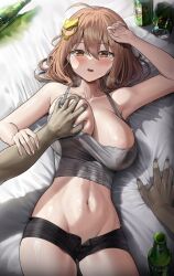 Rule 34 | 1boy, 1girl, absurdres, ahoge, anis (nikke), beer can, black shorts, blush, breasts, brown eyes, brown hair, can, cleavage, drink can, goddess of victory: nikke, grabbing, grabbing another&#039;s breast, grey shirt, hair ornament, highres, kuse (0201), large breasts, looking at viewer, medium hair, micro shorts, navel, open mouth, parted lips, shirt, short shorts, shorts, solo focus, sweat, unbuttoned