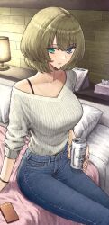Rule 34 | 1girl, absurdres, aramachi, armband, beer can, blue eyes, blush, breasts, can, collarbone, commentary request, denim, drink can, green eyes, green hair, heterochromia, highres, idolmaster, idolmaster cinderella girls, jewelry, looking at viewer, medium breasts, mole, mole under eye, necklace, open mouth, shirt, short hair, sitting, smile, solo, takagaki kaede, tissue box, white shirt