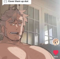 Rule 34 | 1boy, bara, chest hair, cigarette, cover them up slut (meme), facial hair, glasses, goatee, highres, large pectorals, light brown hair, long sideburns, looking at viewer, male focus, mature male, meme, muscular, muscular male, nude, original, pectoral focus, pectorals, saturday (hokawazu), short hair, sideburns, solo, stubble, thick eyebrows, tiktok, upper body