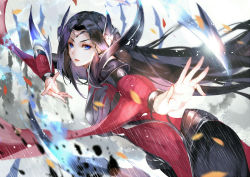 Rule 34 | 1girl, arm ribbon, arm wrap, armor, black hair, blade, blue eyes, covered navel, eyebrows, faulds, floating, floating object, floating sword, floating weapon, foreshortening, headgear, highres, irelia, league of legends, long hair, looking at viewer, motion blur, outstretched arm, parted bangs, pauldrons, rain, ribbon, shoulder armor, skin tight, sword, tagme, vardan (s645062222), very long hair, weapon