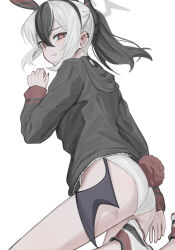 Rule 34 | 1girl, animal ears, ass, black choker, black hair, black hoodie, blue archive, blush, bright pupils, choker, highres, hood, hoodie, kayoko (blue archive), kemonomimi mode, kimini (kimini 0110), leotard, long hair, low wings, no pants, parted lips, playboy bunny, ponytail, rabbit ears, rabbit tail, red eyes, simple background, solo, sweat, tail, white background, white hair, white leotard, white pupils, wings