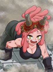 Rule 34 | 1girl, absurdres, all fours, ass, bare shoulders, black shirt, blush, boku no hero academia, breasts, cleavage, collarbone, dreadlocks, gloves, goggles, goggles on head, hatsume mei, highres, large breasts, long hair, looking at viewer, lord guyis, open mouth, pants, pink hair, rubble, shirt, sleeveless, smile, solo, symbol-shaped pupils, tank top, unusual pupils, yellow eyes