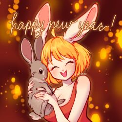 Rule 34 | 1girl, 1other, 2023, :3, animal, animal nose, artist name, artist request, ass, blonde hair, breasts, carrot (one piece), chinese zodiac, happy, highres, hug, large breasts, new year, one eye closed, one piece, open mouth, rabbit ears, rabbit girl, short hair, simple background, smile, teeth, twitter username, upper teeth only, wink, year of the rabbit