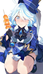Rule 34 | 1girl, absurdres, ahoge, ascot, asymmetrical gloves, black ascot, black gloves, blue eyes, blue headwear, blue jacket, brooch, commentary request, crying, crying with eyes open, food, furina (genshin impact), genshin impact, gloves, highres, holding, holding food, jacket, jewelry, long sleeves, mismatched gloves, seiza, shotgunman, sitting, smile, snot, solo, tears, thigh strap, thighs, vision (genshin impact), white gloves, white hair