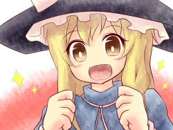 Rule 34 | 1girl, bad id, bad pixiv id, blonde hair, blush, dokuta, dress, female focus, gradient background, happy, hat, kirisame marisa, long hair, open mouth, solo, touhou, white background, witch, witch hat, yellow eyes