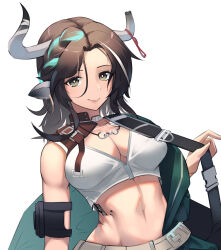 Rule 34 | 1girl, animal ears, arknights, bare shoulders, black hair, breasts, cleavage, commentary, crop top, grey eyes, highres, horns, large breasts, long hair, looking at viewer, material growth, midriff, navel, oripathy lesion (arknights), shirt, simple background, sleeveless, sleeveless shirt, smile, solo, stomach, upper body, vodoke, white background, white shirt, wind chimes (arknights)