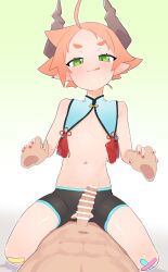 Rule 34 | 1boy, 1girl, bandaid, bandaid on knee, bandaid on leg, bar censor, bike shorts, blush, censored, clothed female nude male, commentary request, cowgirl position, dragon girl, dragon horns, erection, flat chest, girl on top, green eyes, hetero, highres, holding hands, horns, imminent penetration, interlocked fingers, licking lips, linea-chan (owasaki), looking at viewer, navel, nude, orange hair, original, owasaki, penis, pointy ears, pov, short hair, smug, straddling, tassel, textless version, tongue, tongue out, variant set