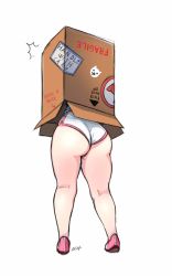 Rule 34 | 1girl, ass, ass focus, box, cardboard box, character name, el quijote, english text, faceless, faceless female, from behind, full body, highres, in box, in container, legs, lower body, original, richie (el quijote), short shorts, shorts, simple background, solo, standing, stuck, tagme, thighs, white background