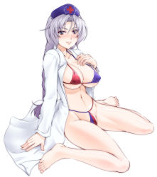 Rule 34 | 1girl, 846-gou, bad id, bad pixiv id, barefoot, blue eyes, blush, breasts, feet, female focus, full body, hat, large breasts, long hair, looking at viewer, md5 mismatch, nurse cap, open clothes, open shirt, shirt, silver hair, simple background, sitting, smile, solo, touhou, wariza, white background, yagokoro eirin