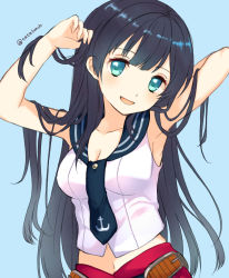 Rule 34 | 10s, 1girl, :d, agano (kancolle), aqua eyes, armpits, artist name, bad id, bad pixiv id, black hair, blue background, blue eyes, breasts, cleavage, collarbone, head tilt, kantai collection, long hair, looking at viewer, midriff, navel, nerunnn, open mouth, sailor collar, shirt, simple background, sleeveless, sleeveless shirt, smile, solo, twitter username, uniform, very long hair