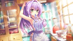 Rule 34 | 1girl, ahoge, apron, bikini, blender (object), bow, bowl, breasts, cabinet, closed mouth, cooking pot, counter, cup, curtains, day, dot nose, drinking glass, dutch angle, egg, film grain, flour, game cg, green eyes, hair bow, hair ribbon, hairband, heart, hokaze kanade, indoors, izumi tsubasu, kitchen, ladle, lens flare, long hair, medium breasts, milk carton, mouth hold, mug, nearly naked apron, non-web source, official art, plate, purple apron, purple bikini, purple hair, purple ribbon, re:stage!, ribbon, side-tie bikini bottom, smile, solo, sparkle, spatula, striped apron, striped clothes, swimsuit, tying hair, vertical-striped apron, vertical-striped clothes, white bow, white hairband, white ribbon, window