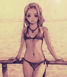 Rule 34 | 1girl, arm support, bikini, black bikini, blush, bracelet, breasts, child, cowboy shot, flat chest, graphite (medium), groin, happy, heart, heart necklace, jewelry, long hair, looking at viewer, monochrome, navel, necklace, ocean, original, outdoors, pencil, photo-referenced, pier, ryonma, sepia, shore, side-tie bikini bottom, small breasts, smile, solo, standing, stomach, swept bangs, swimsuit, traditional media, water