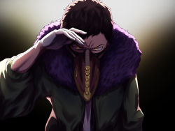 Rule 34 | 1boy, absurdres, angry, arm at side, black background, black hair, boku no hero academia, commentary, d-log, feather trim, gloves, glowing, glowing eyes, gradient background, green jacket, highres, jacket, long sleeves, looking at viewer, male focus, open clothes, open jacket, overhaul (boku no hero academia), plague doctor mask, shading eyes, short hair, solo, upper body, white background, white jacket