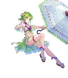 Rule 34 | 1girl, alternate costume, bare shoulders, bikini, bracelet, breasts, cleavage, feet, female focus, fire emblem, fire emblem: the sacred stones, fire emblem heroes, flower, frills, full body, fuzichoco, gradient clothes, green eyes, green hair, hair ornament, highres, holding, holding umbrella, jewelry, l&#039;arachel (fire emblem), l&#039;arachel (summer) (fire emblem), legs, long hair, matching hair/eyes, medium breasts, navel, nintendo, non-web source, official alternate costume, official art, sandals, scrunchie, see-through, solo, stomach, swimsuit, thigh strap, thighs, toeless footwear, toenails, toes, transparent background, umbrella, wrist scrunchie