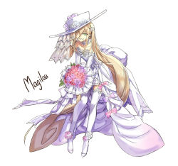 Rule 34 | 1girl, absurdly long hair, ankle flower, aonagi (a-lot-of), blonde hair, bouquet, bow, character name, choker, collarbone, detached sleeves, dress, flat chest, flower, frilled dress, frills, full body, green eyes, hair between eyes, hair flower, hair ornament, hair over one eye, hat, high heels, holding, holding bouquet, layered dress, leaning forward, long hair, long sleeves, looking at viewer, magilou (tales), pink bow, pointy ears, pumps, purple bow, purple flower, red flower, rose, shoes, simple background, sleeveless, sleeveless dress, solo, standing, strapless, strapless dress, tales of (series), tales of berseria, thighhighs, very long hair, wedding dress, white background, white dress, white flower, white footwear, white hat, white rose, white sleeves, white thighhighs, zettai ryouiki