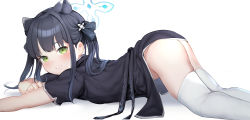 Rule 34 | 1girl, absurdres, animal ear fluff, animal ears, ass, black dress, black hair, blue archive, blunt bangs, blush, bow, breasts, china dress, chinese clothes, closed mouth, dress, green eyes, hair ornament, halo, highres, long hair, looking at viewer, lying, on stomach, ribbon, short sleeves, shun (blue archive), shun (small) (blue archive), sidelocks, simple background, small breasts, smile, solo, somray, thighhighs, thighs, tiger ears, tiger girl, top-down bottom-up, twintails, underwear, white background, white thighhighs