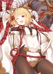 Rule 34 | 1girl, ;d, absurdres, animal ear fluff, animal ears, bare shoulders, black pantyhose, blonde hair, blush, braid, breasts, brown eyes, detached sleeves, dog, dog ears, erune, garjana, granblue fantasy, hair ornament, hands up, highres, japanese clothes, looking at viewer, lying, medium breasts, on back, one eye closed, open mouth, pantyhose, pelvic curtain, rope, shimenawa, short eyebrows, short hair, smile, solo, tsunamayo (flying cat), vajra (granblue fantasy), wide sleeves