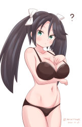 Rule 34 | 1girl, ?, black bra, black hair, black panties, bra, breasts, cleavage, commentary request, cowboy shot, dated, green eyes, isuzu (kancolle), kantai collection, large breasts, long hair, looking at viewer, masara (chuujou), navel, one-hour drawing challenge, panties, simple background, solo, standing, twintails, twitter username, underwear, white background