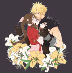 Rule 34 | 1boy, 1girl, aerith gainsborough, armor, bandaged arm, bandages, bangle, belt, blonde hair, blue eyes, blush, bracelet, braid, braided ponytail, brown gloves, brown hair, cloud strife, couple, cowboy shot, cropped jacket, dress, final fantasy, final fantasy vii, final fantasy vii remake, flower, gloves, green eyes, grey background, hair between eyes, hair ribbon, hand on another&#039;s chin, highres, holding another&#039;s wrist, jacket, jewelry, kaka ff14, lily (flower), long dress, long hair, looking at another, muscular, muscular male, parted bangs, parted lips, pink dress, pink ribbon, red jacket, ribbon, short hair, short sleeves, shoulder armor, sidelocks, sleeveless, sleeveless turtleneck, spiked hair, square enix, suspenders, turtleneck, wavy hair, white flower, yellow flower