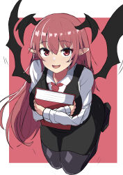 Rule 34 | 1girl, :d, bat wings, book, hugging book, breasts, fang, from above, hair between eyes, head wings, highres, holding, holding book, hugging object, kneeling, koakuma, large breasts, long hair, long sleeves, looking at viewer, motion lines, necktie, open mouth, pantyhose, pointy ears, red background, red hair, shirt, simple background, skin fang, skirt, smile, solo, suberaku, touhou, upturned eyes, very long hair, vest, wing collar, wings
