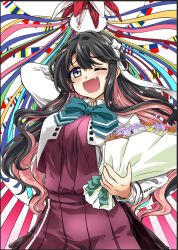 Rule 34 | 1girl, aqua bow, aqua bowtie, black hair, blazer, bouquet, bow, bowtie, colored inner hair, commentary request, cowboy shot, dress, fang, flower, hairband, jacket, kantai collection, long hair, multicolored hair, naganami (kancolle), naganami kai ni (kancolle), pink hair, pleated dress, purple dress, second-party source, smile, solo, takana shinno, two-tone hair, wavy hair, white hairband