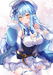Rule 34 | 1girl, absurdres, ahoge, bare shoulders, beret, blue coat, blue flower, blue hair, blue ribbon, blush, braid, breasts, center frills, cleavage, cleavage cutout, closed mouth, clothing cutout, coat, commentary request, corset, dress, flower, french braid, frills, fur trim, gradient background, hair between eyes, hair flower, hair ornament, half updo, hand up, hat, heart, heart ahoge, highres, hololive, large breasts, long hair, looking at viewer, nenobi (nenorium), pink background, pointy ears, ribbon, ribbon-trimmed legwear, ribbon trim, simple background, sleeves past wrists, smile, snowflake background, snowflake print, solo, star ornament, thighhighs, very long hair, virtual youtuber, white dress, white hat, white thighhighs, yellow eyes, yukihana lamy