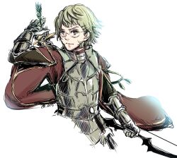 Rule 34 | armor, bow (weapon), brown eyes, cape, closed mouth, fire emblem, fire emblem: three houses, fire emblem warriors: three hopes, glasses, green armor, green hair, highres, holding, holding bow (weapon), holding weapon, ignatz victor, looking to the side, male focus, nintendo, official alternate costume, official alternate hairstyle, umi ( oneinchswing), upper body, weapon