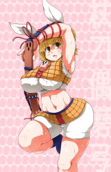 Rule 34 | 1girl, animal ears, armpits, blonde hair, blunt bangs, blush, breasts, foot out of frame, haniwa (statue), huge breasts, joutouguu mayumi, midriff, navel, pink background, short hair, simple background, skindentation, solo, standing, standing on one leg, sugiura, sweat, thick thighs, thighs, touhou