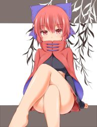 Rule 34 | 1girl, blush, breasts, cape, commentary request, garasuita, high collar, large breasts, crossed legs, looking at viewer, miniskirt, red cape, red eyes, red hair, sekibanki, short hair, sitting, skirt, solo, thighs, touhou