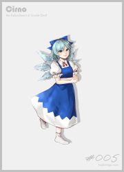 Rule 34 | 1girl, absurdres, blouse, blue bow, blue dress, blue eyes, blue hair, blush, border, bow, breasts, character name, cirno, closed mouth, collared shirt, commentary request, crossed arms, dress, embodiment of scarlet devil, fairy, frilled sleeves, frills, full body, grey border, hair bow, happy, highres, hoshiringo0902, ice, ice wings, lips, looking at viewer, neck ribbon, no shoes, pinafore dress, puffy short sleeves, puffy sleeves, red ribbon, ribbon, shirt, short hair, short sleeves, simple background, sleeveless dress, small breasts, smile, socks, solo, touhou, white background, white shirt, white socks, wings