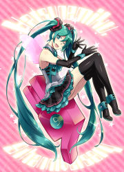 Rule 34 | 1girl, anniversary, black gloves, black thighhighs, boots, caffein, character name, elbow gloves, from side, full body, gloves, green eyes, green hair, hatsune miku, heart, heart-shaped pupils, high heel boots, high heels, highres, long hair, looking at viewer, matching hair/eyes, one eye closed, open mouth, pink background, skirt, solo, star (symbol), striped, striped background, symbol-shaped pupils, thigh boots, thighhighs, twintails, very long hair, vocaloid, wings