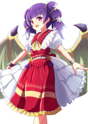 Rule 34 | 1girl, :d, blunt bangs, blush, commentary, cowboy shot, dragon girl, dragon wings, dress, fire emblem, fire emblem: the sacred stones, fire emblem heroes, flower, hair flower, hair ornament, highres, layered dress, looking at viewer, minamonochaba, myrrh (fire emblem), myrrh (valentine) (fire emblem), nintendo, open mouth, puffy short sleeves, puffy sleeves, purple hair, red dress, red eyes, short sleeves, smile, solo, twintails, white background, white dress, wings