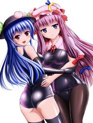 Rule 34 | 2girls, ass, black gloves, black legwear, blue hair, breasts, capelet, crescent, elbow gloves, female focus, food, fruit, gloves, hair ribbon, hat, highres, hinanawi tenshi, honda takaharu, large breasts, long hair, looking at viewer, multiple girls, one-piece swimsuit, open mouth, pantyhose, pantyhose under swimsuit, patchouli knowledge, peach, purple eyes, purple hair, red eyes, ribbon, school swimsuit, shiny clothes, simple background, smile, swimsuit, thighhighs, touhou, tress ribbon, very long hair, white background